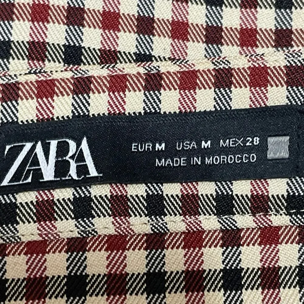 Zara Brown Plaid Checkered Button Down Pleated Mini Straight Pencil Skirt Size M